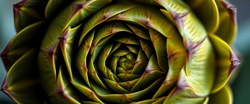Close-up of artichoke showing spiraling Fibonacci sequence in its bracts, closeup, leaves