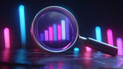 A futuristic magnifying glass focuses on vibrant graphs, highlighting data trends against a dark, illuminated background.