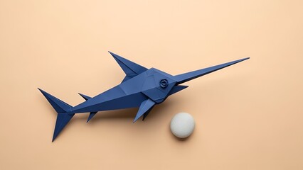 Blue Origami Swordfish with White Sphere.