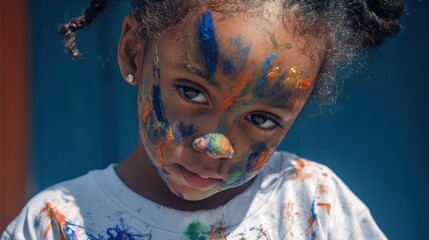 Happy Child with Colorful Face Paint Creating Art Outdoors