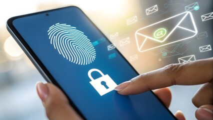 Finger scanning unlocking an email icon on a smartphone