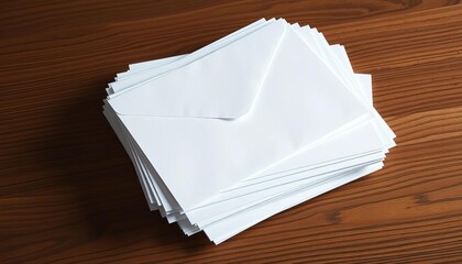 Stack of blank papers and envelopes on wooden desk,  delivery,  announcement