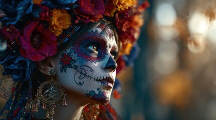 Colorful Sugar Skull Makeup with Floral Headpiece in Autumn Setting