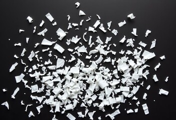 Tiny shreds of white paper, scattered on a dark surface, minimal, dark