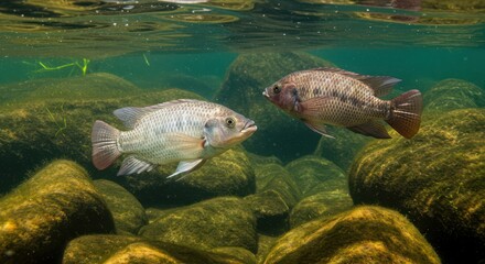 Underwater encounter two tilapia fish swimming in clear waters among the rocky terrain