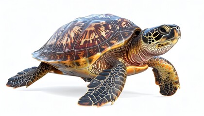 Fototapeta premium A sea turtle on white, its mottled shell and flippers visible