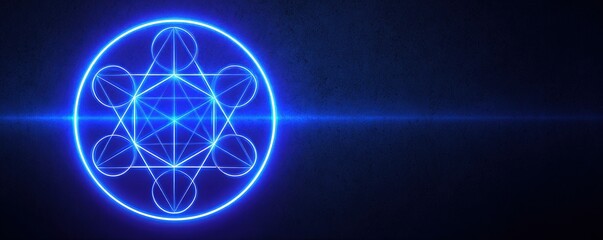 A glowing geometric design featuring interconnected circles and lines, radiating a vibrant blue color against a dark background.