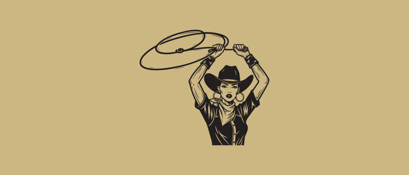 An empowered cowgirl illustration in a retro style holding a lasso ready to swing