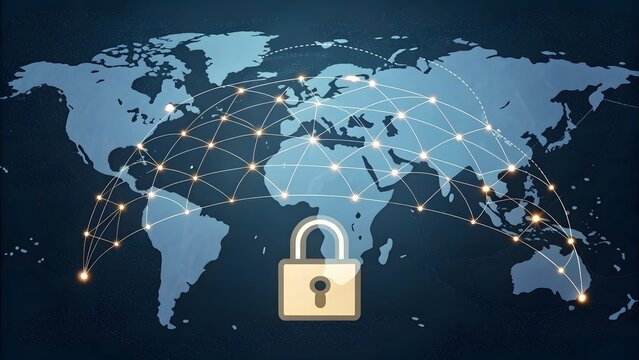 A digital padlock connecting to a global network of security - Powered by Adobe