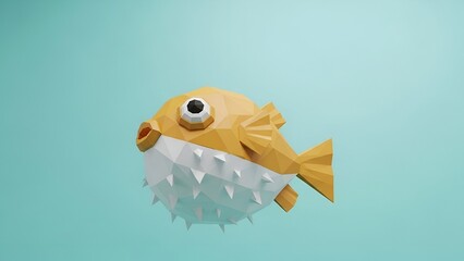 Low Poly 3D Yellow Puffer Fish Illustration.