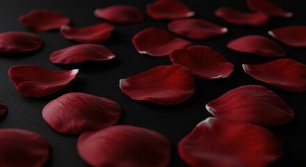 Velvety crimson rose petals cascade across a sleek ebony surface evoking passion