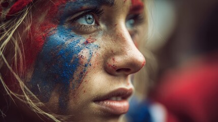 Young Girl with Face Paint in Blue and Red at a Sporting Event