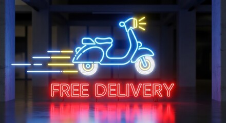 Vibrant free delivery neon sign featuring a scooter, capturing urban convenience and speed