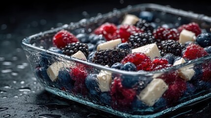 Fresh Mixed Berries with Creamy Cubes in Glass Dish on Dark Surface