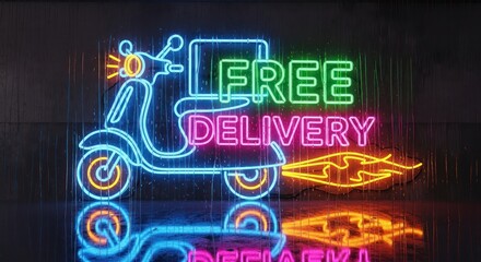 Vibrant neon artwork highlighting free delivery concept with vintage scooter illustration