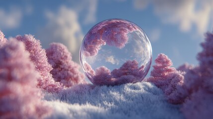 Enchanted Sphere in a Dreamy Landscape with Pink Foliage