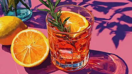 Refreshing Summer Cocktail with Citrus and Garnish on Pink Surface