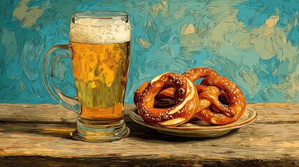 Refreshing Beer and Salty Pretzels on Wooden Table with Blue Background