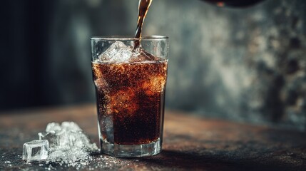 Refreshing Dark Soda Being Poured Over Ice in a Glass on Table
