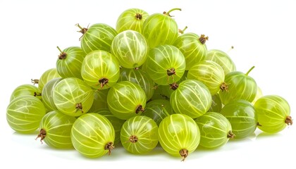 Heap of fresh green fruit with slight yellow hues, close-up, white backdrop