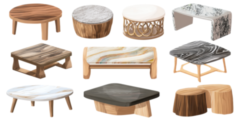 Collection of Coffee Tables Isolated on Transparent Surface