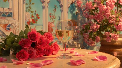 Romantic Setup with Roses, Wine Glass, and Flower Petals in Background