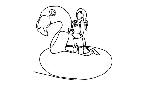Continuous line animation of woman sitting on swimming flamingo tires