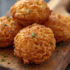 Delicious golden fried food balls garnished with herbs on wooden board