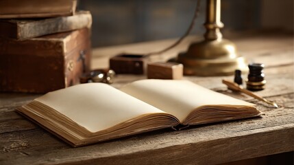 An open vintage book rests on a wooden table, surrounded by classic writing tools and a warm lamp, evoking a nostalgic atmosphere of knowledge and creativity.