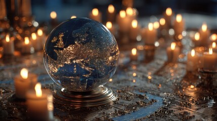 Glass globe illumination surrounded by flickering candlelight ambiance