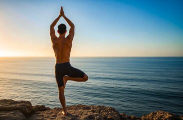 Man Practicing Yoga Balance Pose on Cliff Overlooking Ocean