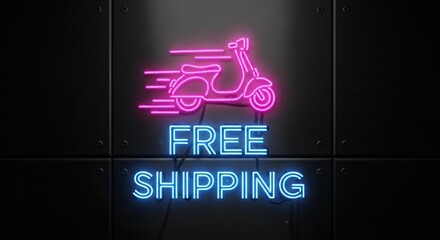 Vibrant neon sign promoting free shipping with a stylish pink scooter illustration displayed