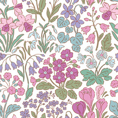 Seamless vector pattern with spring flowers. Hand drawn liberty floral design on isolated background. Snowdrop, crocus, hyacinth, primrose, daffodils, bluebell and violet.