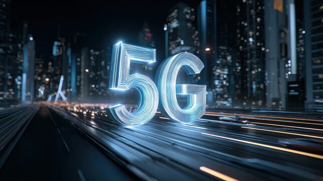 A futuristic cityscape featuring glowing "5G" signage, emphasizing advanced technology and high-speed connectivity amid a bustling urban environment. - Powered by Adobe