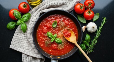 Aromatic tomato sauce simmering in a pan adorned with fresh herbs and spices culinary art