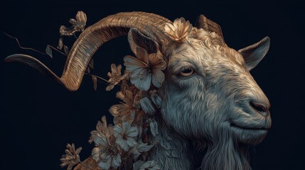 Majestic Goat with Floral Accents Against Dark Backdrop