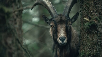 Majestic Wild Goat Peering Through Trees in Lush Forest Setting