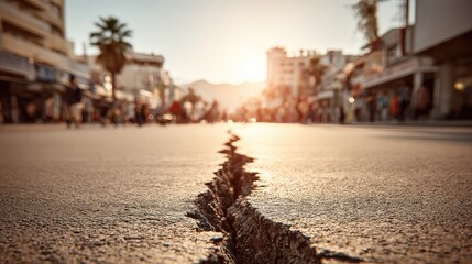 A sunlit street scene showing a crack in the pavement, indicating potential seismic activity or ground shifting, with people walking in the background.