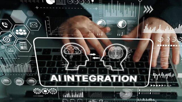 Hands Typing on Laptop Keyboard with AI Integration Graphics Overlay Technology Background. Asymptotic smart data analytic.