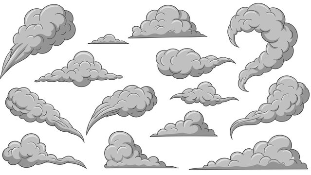 A comprehensive collection of various grey smoke and steam cloud shapes, rendered in a cartoonish vector style, ready for visual effects.