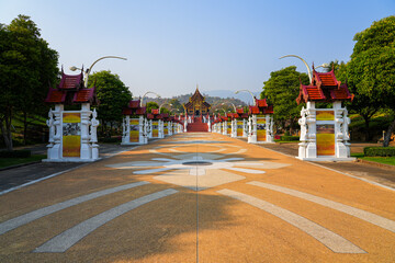 The grand walkway leading to Ho Kham Luang Royal Pavilion at the Royal Park Rajapruek in Chiang Mai, Northern Thailand