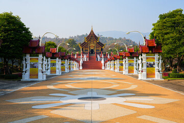 The grand walkway leading to Ho Kham Luang Royal Pavilion at the Royal Park Rajapruek in Chiang Mai, Northern Thailand