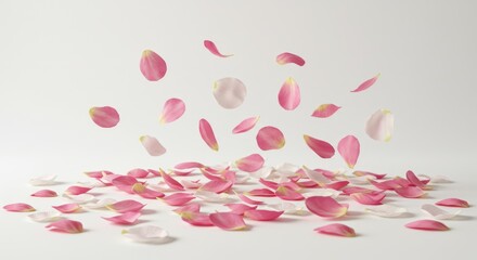 Delicate pastel rose petals descend creating a romantic and soft composition on a white surface