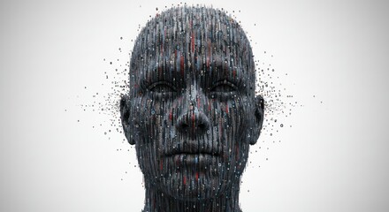 Deconstructed digital human portrait constructed of binary code on a light background