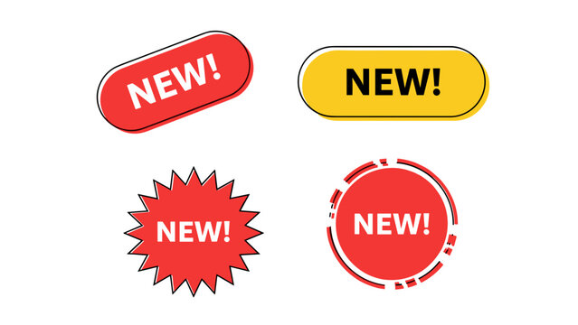 A collection of four distinct "NEW!" badges and labels in various shapes and colors, effectively indicating new arrivals or product launches.