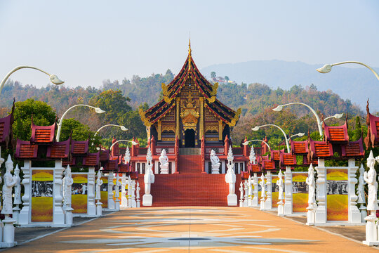 The grand walkway leading to Ho Kham Luang Royal Pavilion at the Royal Park Rajapruek in Chiang Mai, Northern Thailand