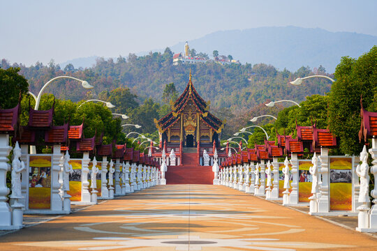 The grand walkway leading to Ho Kham Luang Royal Pavilion at the Royal Park Rajapruek in Chiang Mai, Northern Thailand