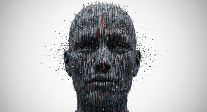 Deconstructed digital human portrait constructed of binary code on a light background - Powered by Adobe