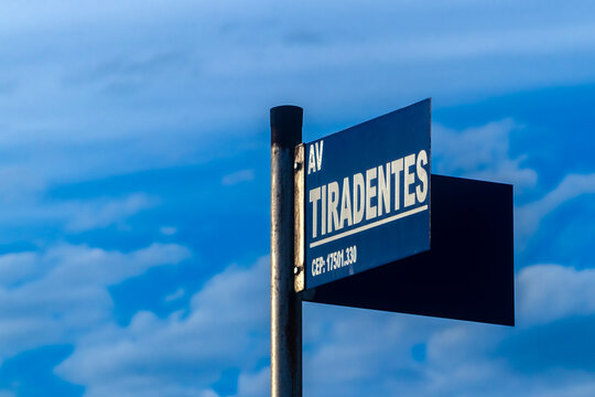 Tiradentes Avenue street sign in  Brazil. A tribute to the Brazilian national hero Joaquim Jose da Silva Xavier, known as Tiradentes.