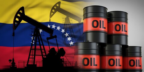 venezuela s oil industry is visually represented with oil pumps and barrels against the national flag symbolizing economic reliance high quality
